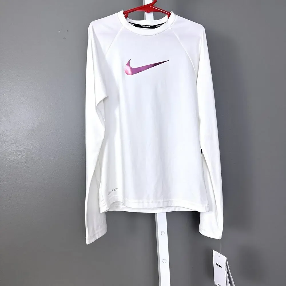 Nike Girls Medium M Long Sleeve Hydroguard Rash Guard Swim Shirt White NESS8784